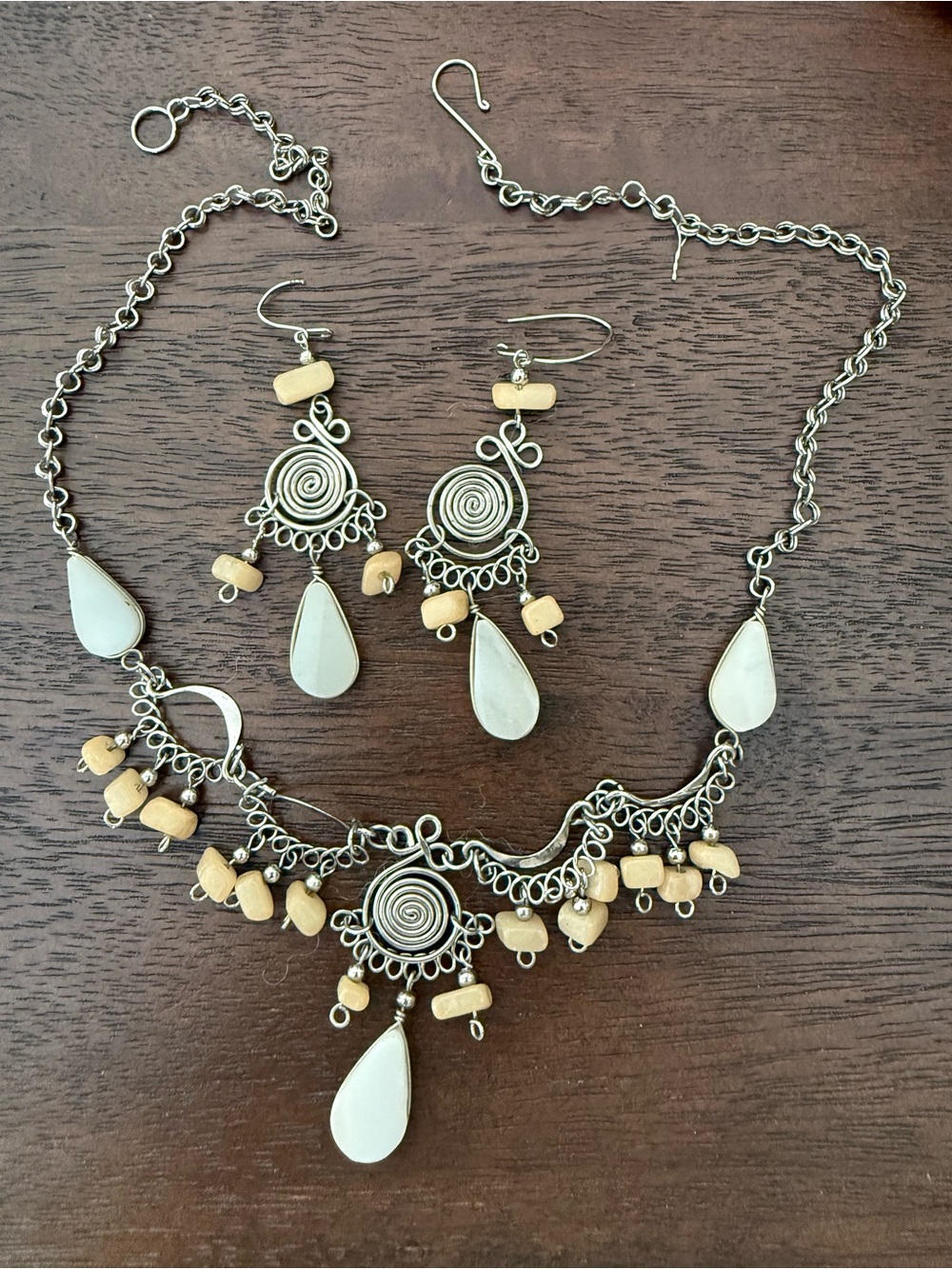 White Onyx Teardrop Silver Tone Wire Earring & Necklace